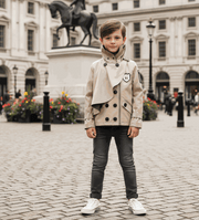 Boys' Cotton Velvet double-breasted trench coat in cream with structured collar and dark buttons, short windproof cut for ages 3-7.