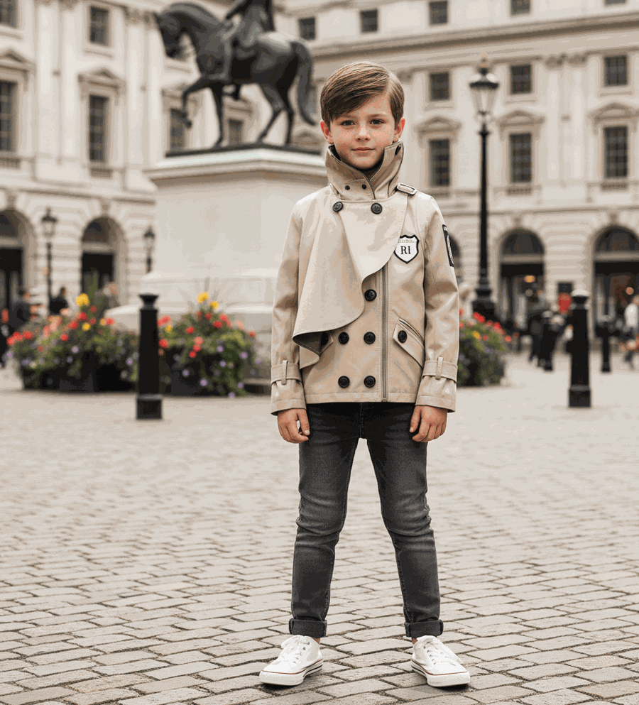 Boys' Cotton Velvet double-breasted trench coat in cream with structured collar and dark buttons, short windproof cut for ages 3-7.