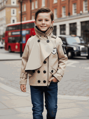 Boys' Cotton Velvet double-breasted trench coat in beige with structured collar and button front, short windproof cut for ages 3-7 years