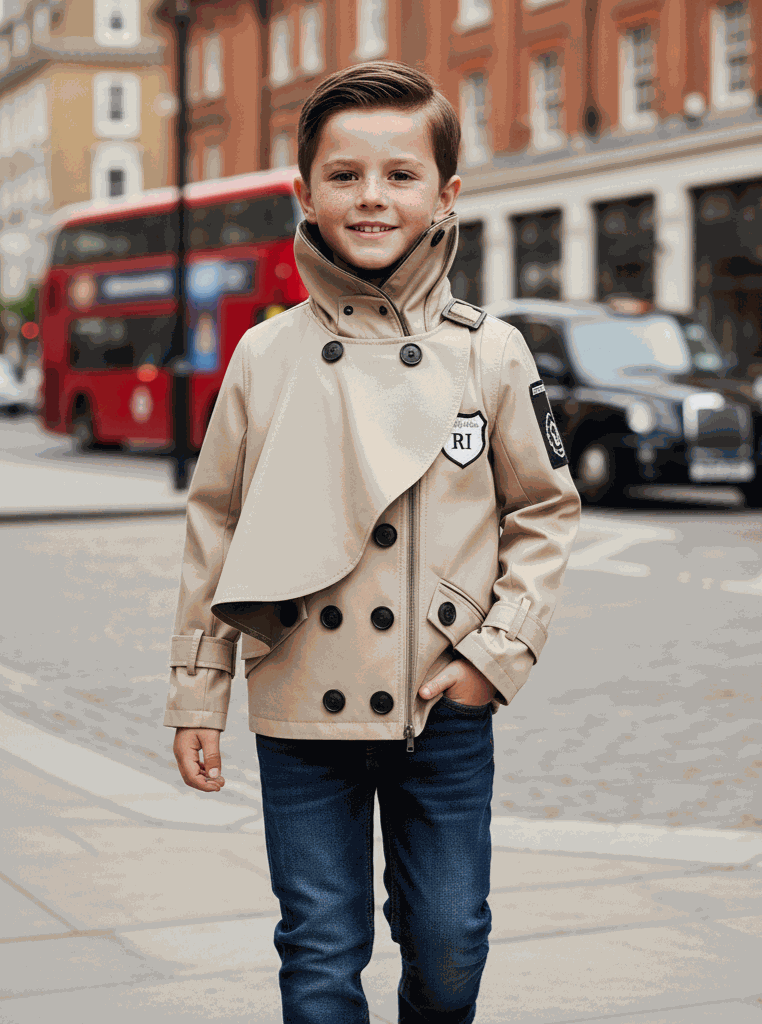 Boys' Cotton Velvet double-breasted trench coat in beige with structured collar and button front, short windproof cut for ages 3-7 years
