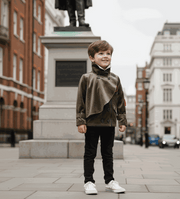 Boys' Cotton Velvet double-breasted trench coat in olive green, short windproof cut with structured collar, sized for ages 3-7 years