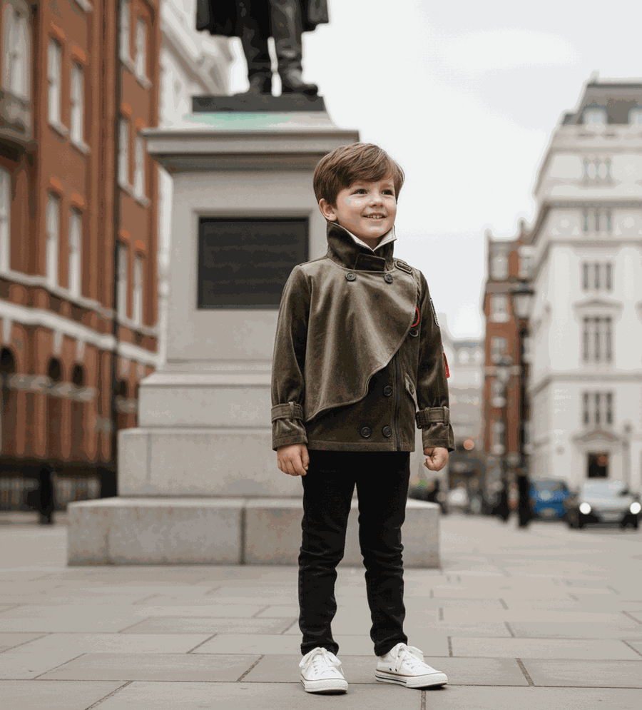 Boys' Cotton Velvet double-breasted trench coat in olive green, short windproof cut with structured collar, sized for ages 3-7 years