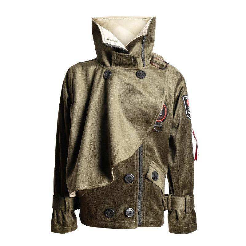 Boys' Cotton Velvet double-breasted trench coat in olive-brown with cream lining, short windproof cut for ages 3-7 years