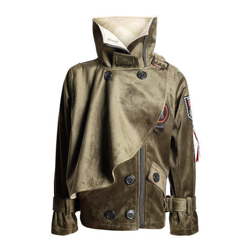 Boys' Cotton Velvet double-breasted trench coat in olive-brown with cream lining, short windproof cut for ages 3-7