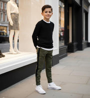 Gray boys slim fit knit pants for ages 4-12 with stretch fabric and elastic waistband