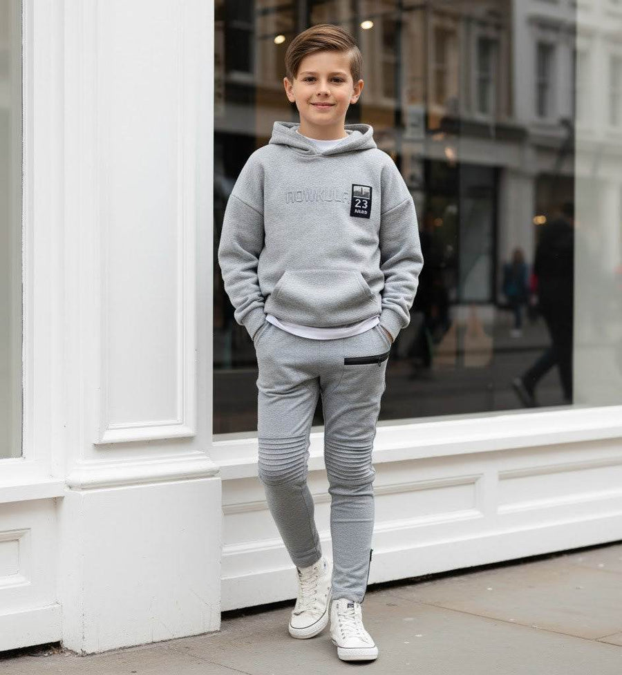 Gray boys slim fit knit pants with elastic waistband for ages 4-12 years