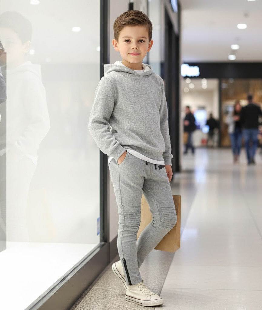 Gray boys slim fit knit pants with elastic waistband for ages 4-12 years