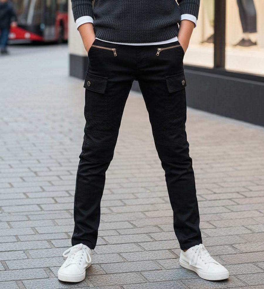 Boys wearing stretch denim casual jeans in navy blue and black cotton trousers aged 4-12 years