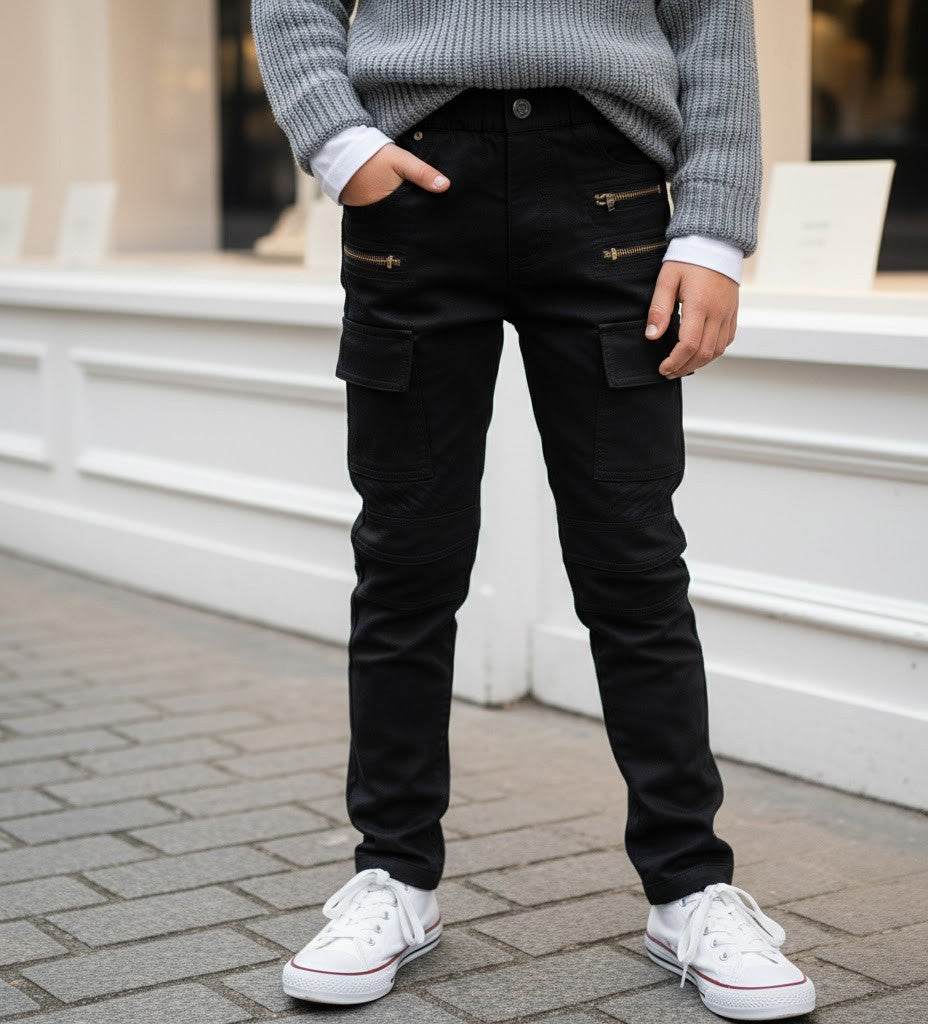 Boys wearing navy blue and black stretch denim casual jeans for ages 4 to 12 years
