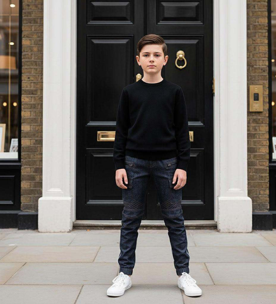 Boys wearing navy blue and black stretch denim casual jeans for ages 4 to 12 years