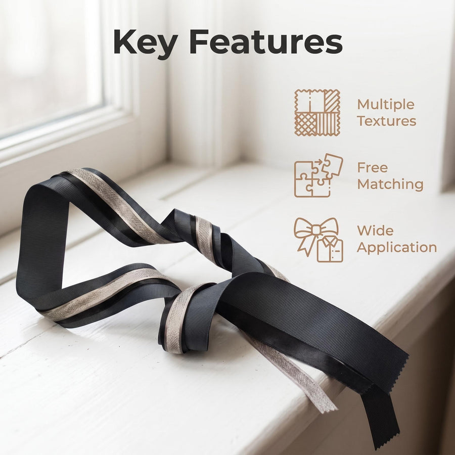 Elegant Charcoal & Black Ribbon Trio Set – Luxury Grosgrain Satin & Woven Decorative Ribbon Bundle