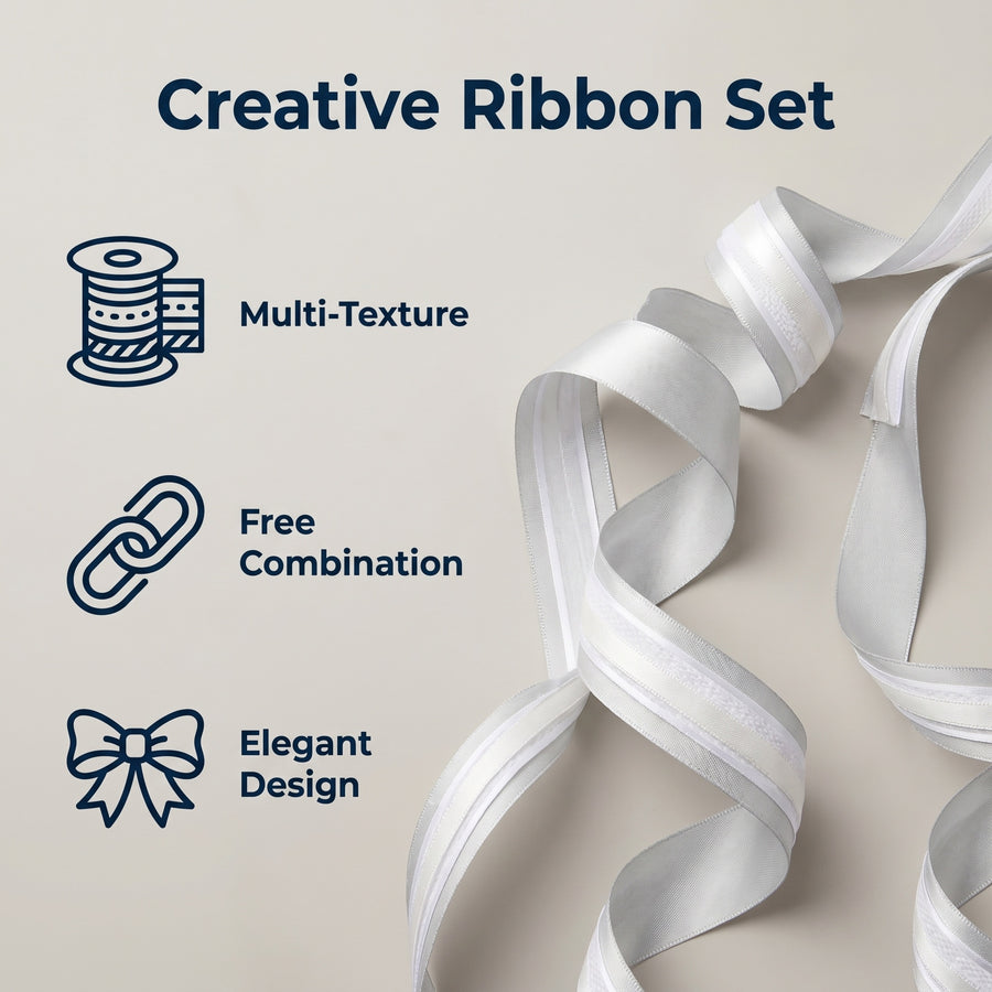 Elegant Silver & White Ribbon Trio Set – Luxury Satin & Woven Decorative Ribbon Bundle for Fashion & Gift Styling