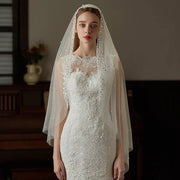 Beaded plain tulle bridal veil single-layer sheer wedding headpiece with delicate chiffon fabric