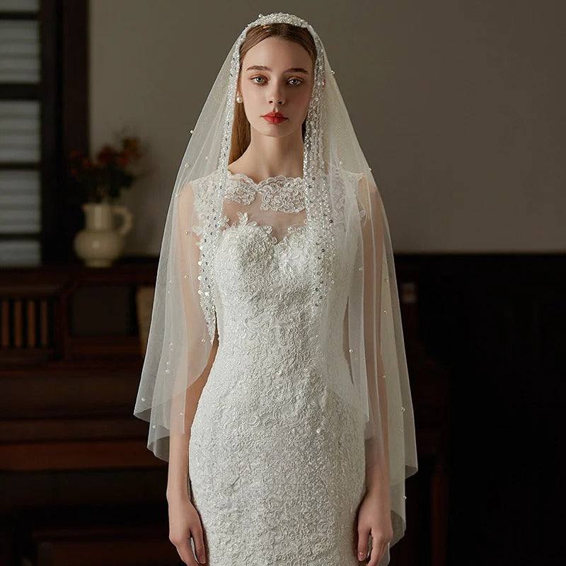 Beaded plain tulle bridal veil single-layer sheer wedding headpiece with delicate chiffon fabric