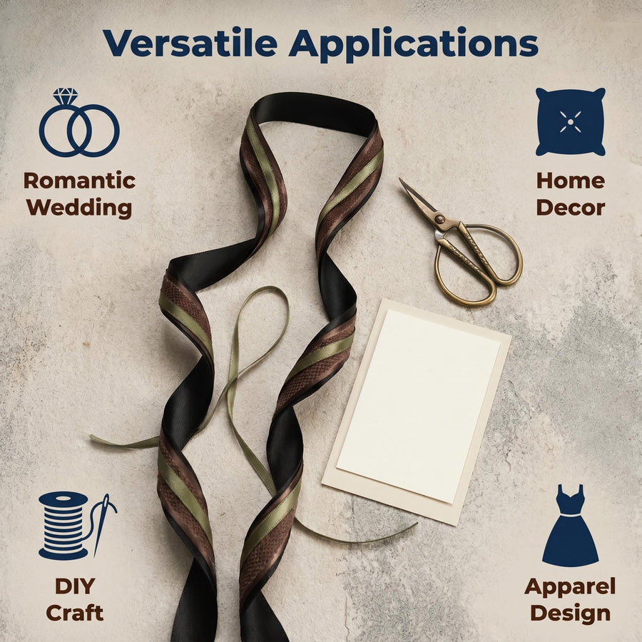 Elegant Black, Coffee & Green Ribbon Trio Set – Luxury Satin & Fine Woven Decorative Ribbon Bundle for Fashion & Gift Styling