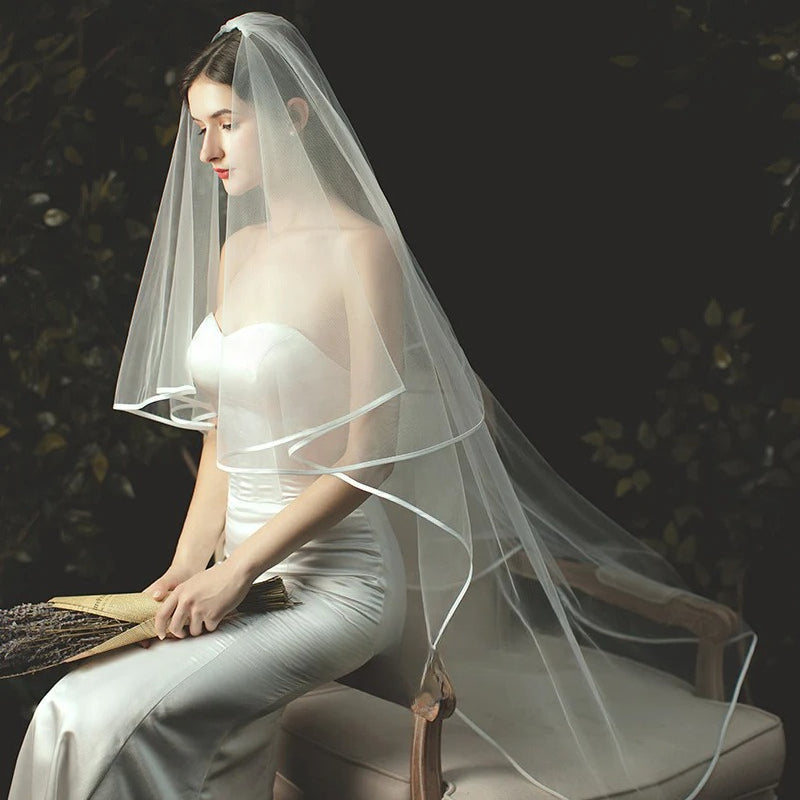 Two-layer pearl beaded bridal veil with Korean style metal hair comb on soft chiffon tulle
