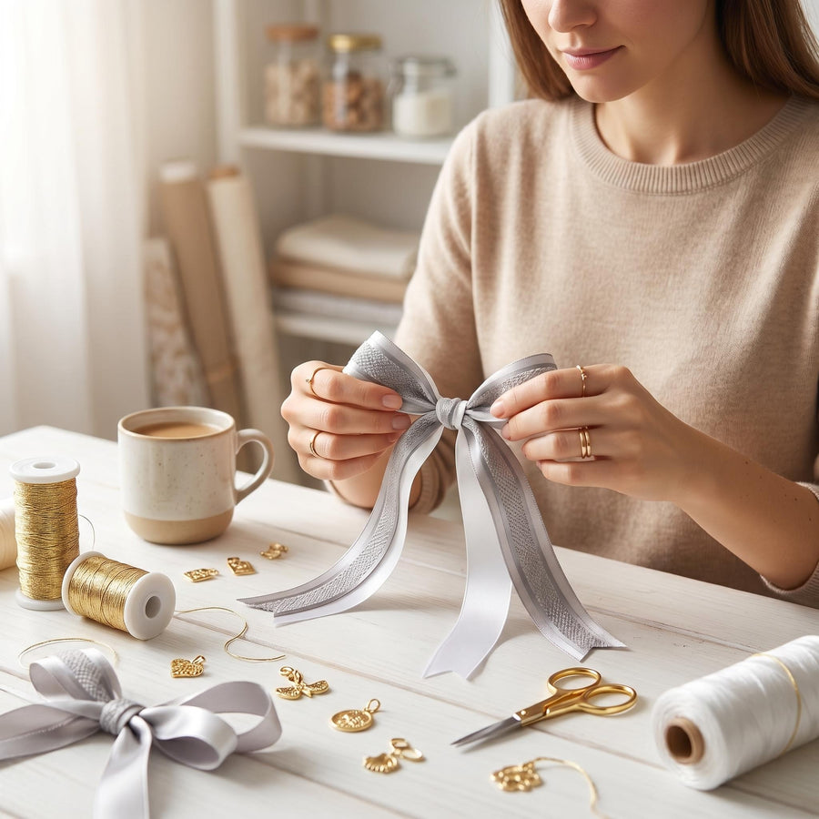 Elegant Cream & Grey Ribbon Trio Set – Luxury Satin & Woven Decorative Ribbon Bundle for Fashion, Gift Wrapping & Event Styling