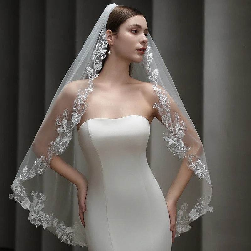 Vintage French lace bridal veil in soft tulle court-style for elegant weddings