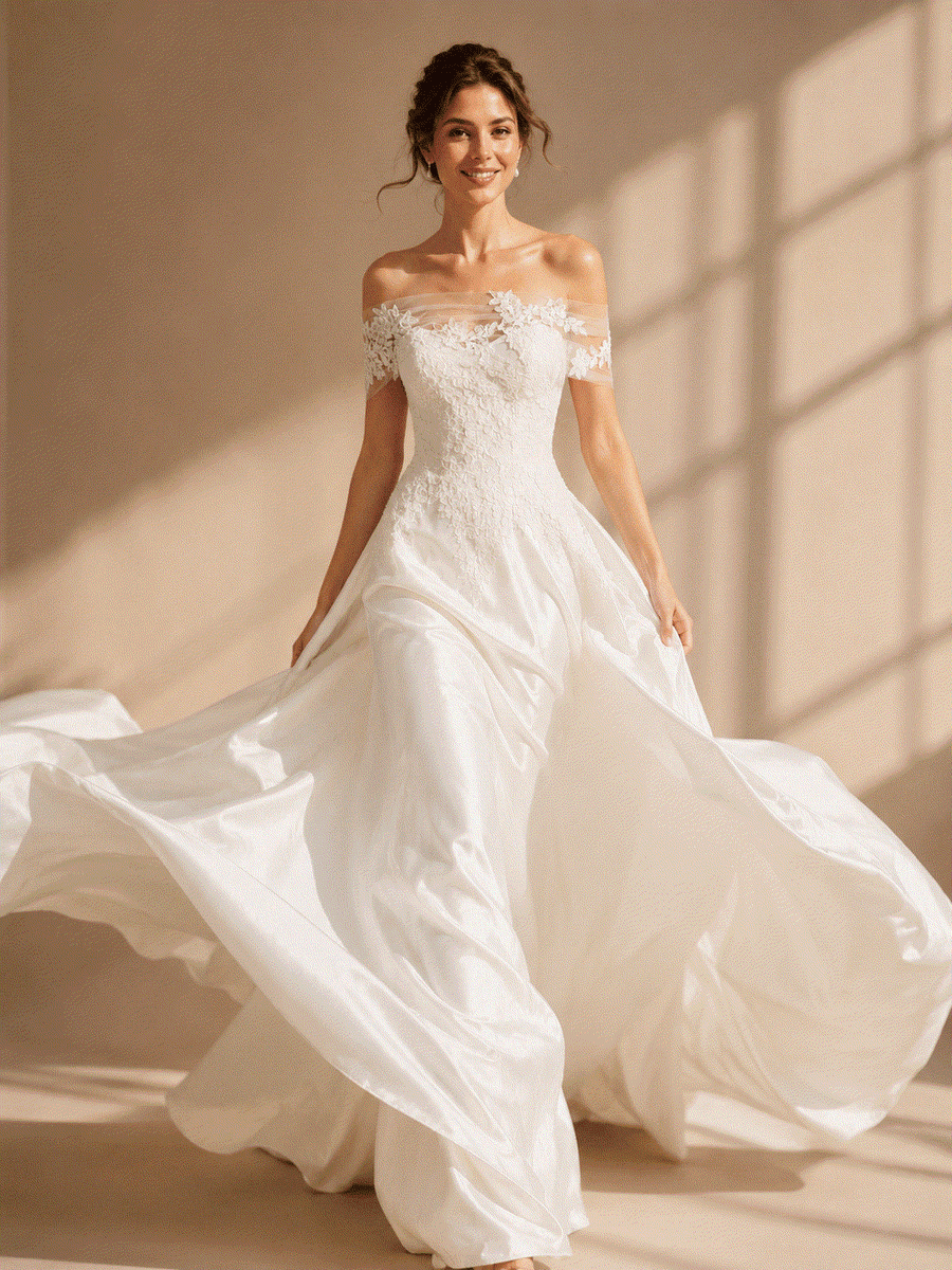 Elegant Celestia Lace Off-Shoulder Dress with floral embroidery and satin skirt for wedding guests