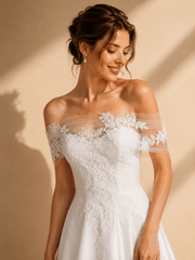 Elegant Celestia Lace Off-Shoulder Dress with satin skirt and floral embroidery for wedding guests