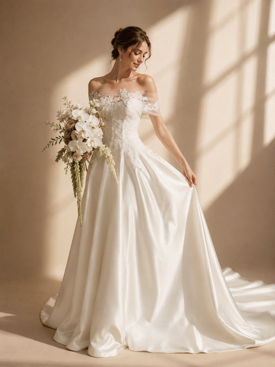 Elegant Celestia Lace off-shoulder satin wedding guest dress with floral embroidery and sculpted bodice