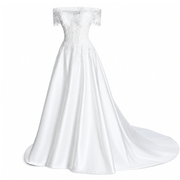 Elegant Celestia Lace Off-Shoulder Dress with floral embroidery and satin skirt for wedding guests