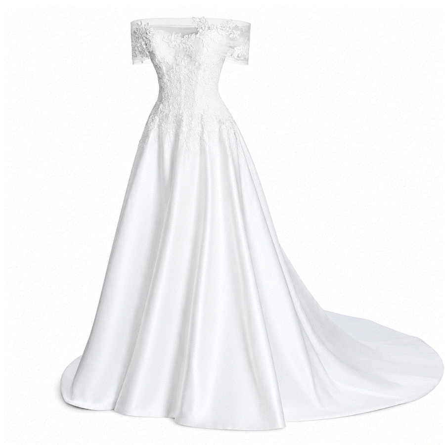 Elegant Celestia Lace Off-Shoulder Dress with floral embroidery and satin skirt for wedding guests