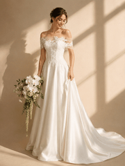 Elegant Celestia Lace Off-Shoulder Dress with satin skirt and floral embroidery for wedding guests