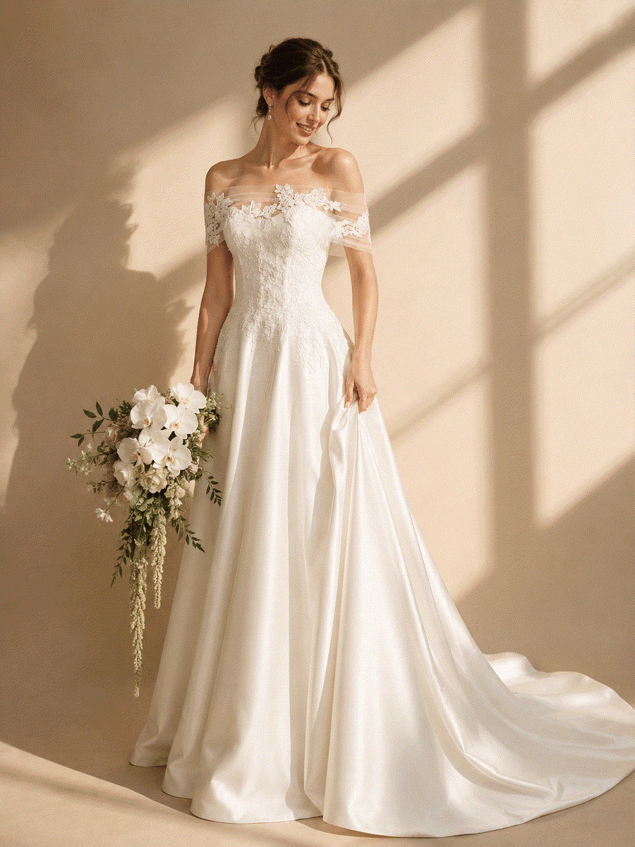 Elegant Celestia Lace Off-Shoulder Dress with satin skirt and floral embroidery for wedding guests