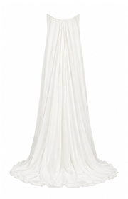 Elegant strapless Celestial Drape Back wedding guest dress with minimalist flowing satin fabric and draped back design