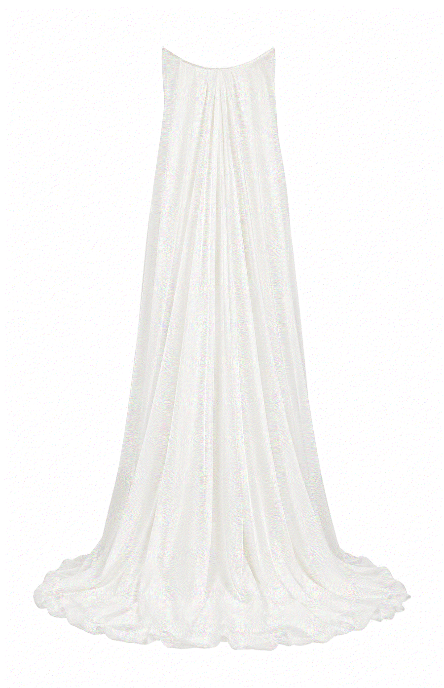 Elegant strapless Celestial Drape Back wedding guest dress with minimalist flowing satin fabric and draped back design