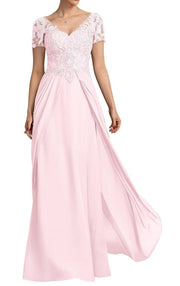 Chiffon long evening gown in soft pink with lace bodice, short sleeves, and flowing skirt featuring delicate pleats.