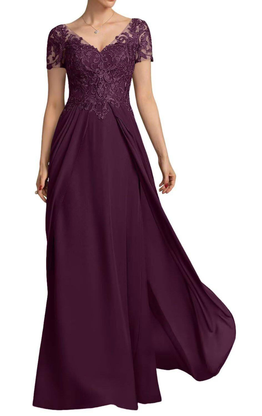 Chiffon long evening gown in deep purple with lace bodice, short sleeves, and flowing skirt for formal occasions.