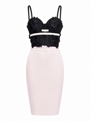 Black Lace Corset & Soft Peach Blush Midi Skirt Set – 3D Floral Elegant 2-Piece