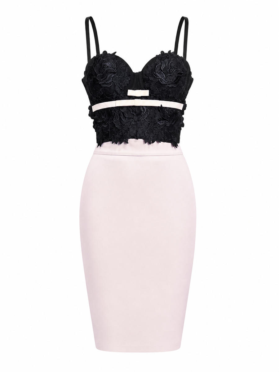 Black Lace Corset & Soft Peach Blush Midi Skirt Set – 3D Floral Elegant 2-Piece