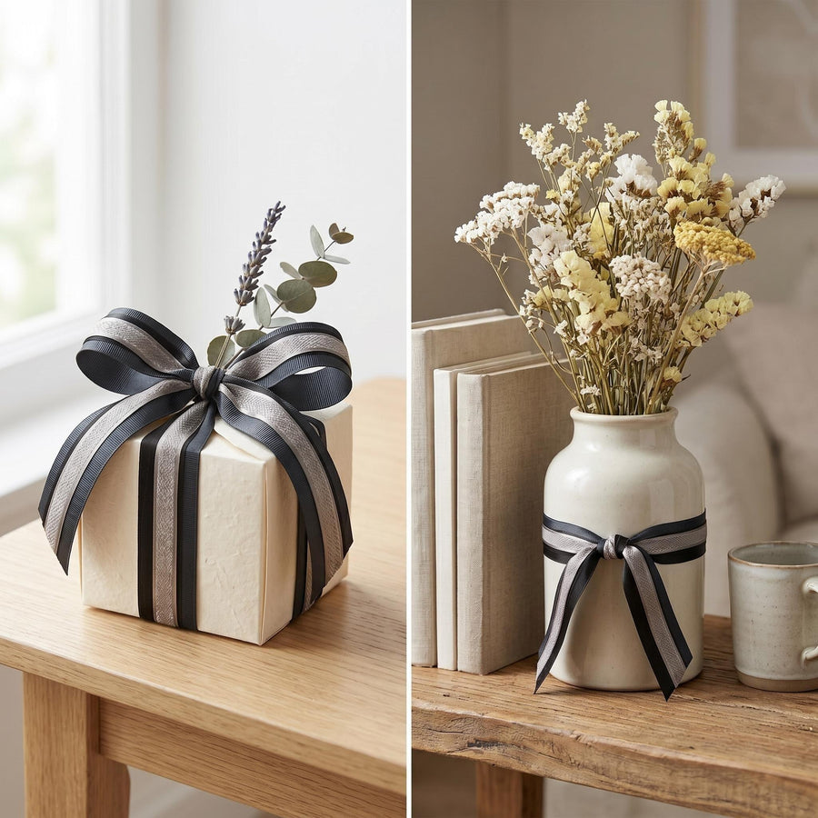 Elegant Charcoal & Black Ribbon Trio Set – Luxury Grosgrain Satin & Woven Decorative Ribbon Bundle