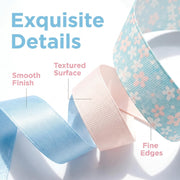 Elegant Pastel Floral Ribbon Trio Set – Cream Blue Floral Grosgrain, Blush Pink & Light Blue Satin Decorative Ribbon Bundle