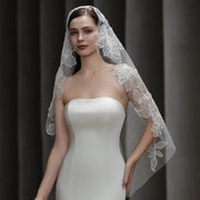 Dramatic lace bridal veil semi-sheer long wedding headpiece with hair tie on soft chiffon tulle