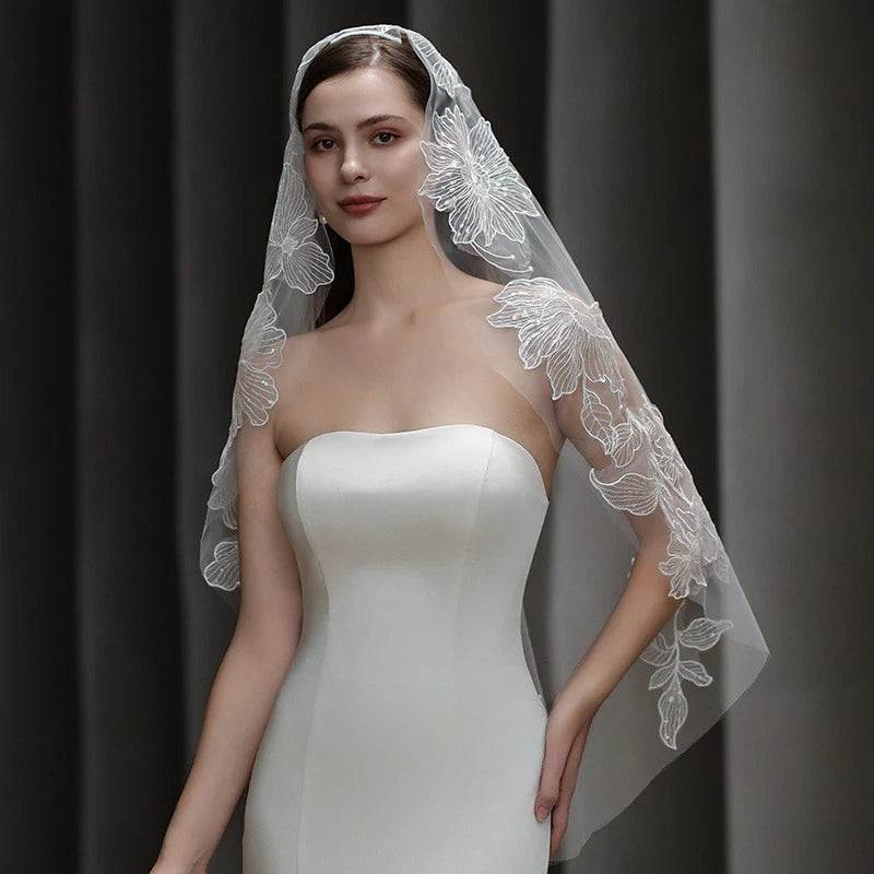 Dramatic lace bridal veil semi-sheer long wedding headpiece with hair tie on soft chiffon tulle