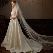 Princess Cathedral Bridal Veil two-layer plain tulle long wedding veil on soft chiffon background