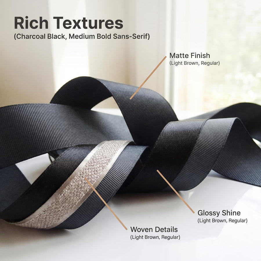 Elegant Charcoal & Black Ribbon Trio Set – Luxury Grosgrain Satin & Woven Decorative Ribbon Bundle