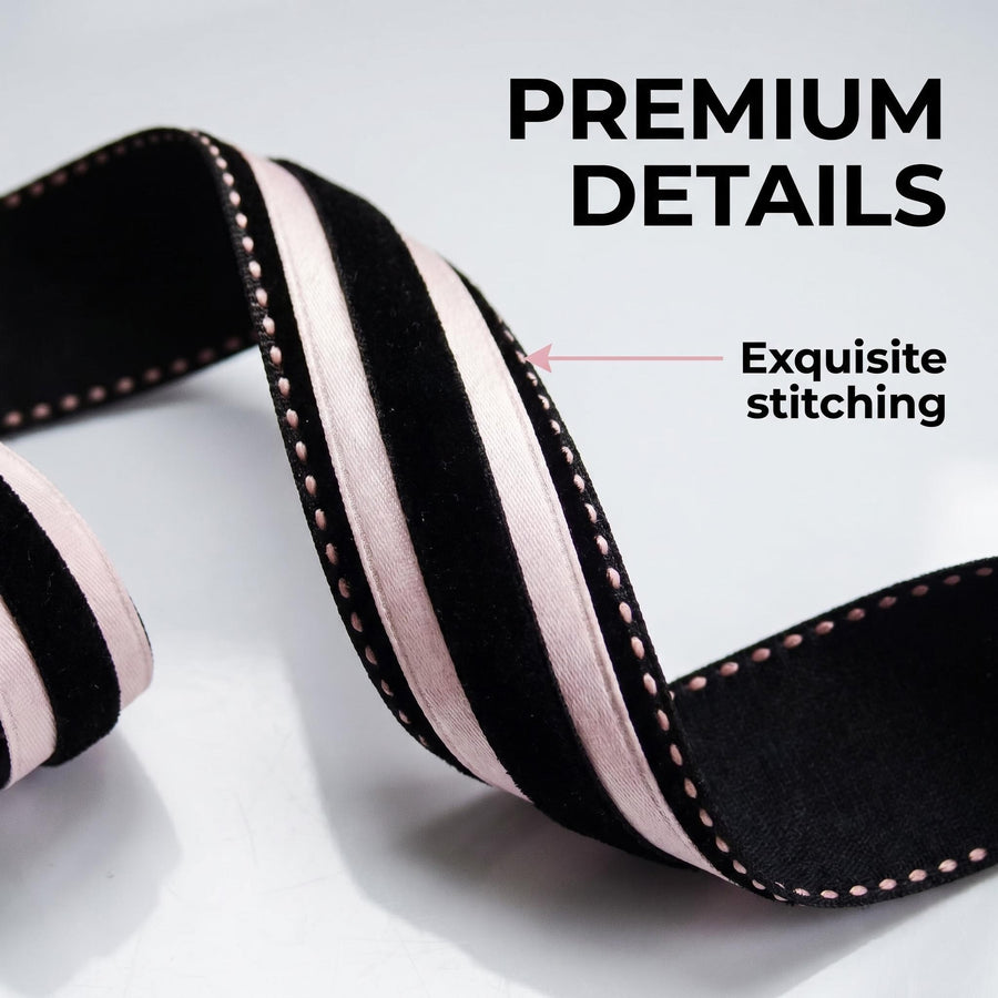 Elegant Black Velvet & Pink Satin Ribbon Trio Set – Luxury Lace Trim Decorative Ribbon Bundle for Fashion & Gift Styling