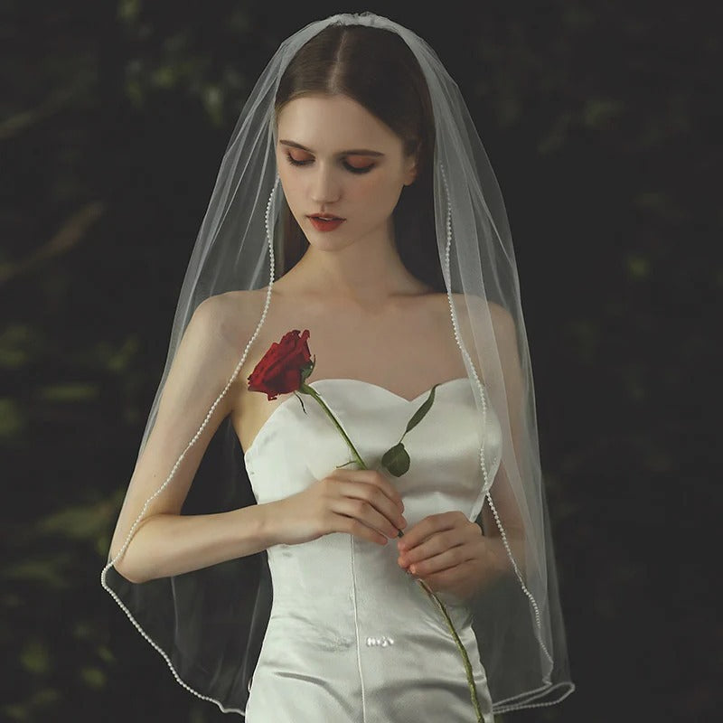 Milky white lace mesh bridal veil mid-length sheer wedding headwear on soft chiffon tulle