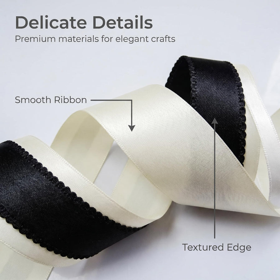 Elegant Cream Yellow & Black Lace Satin Ribbon Trio Set – Luxury Decorative Ribbon Bundle for Fashion & Gift Styling