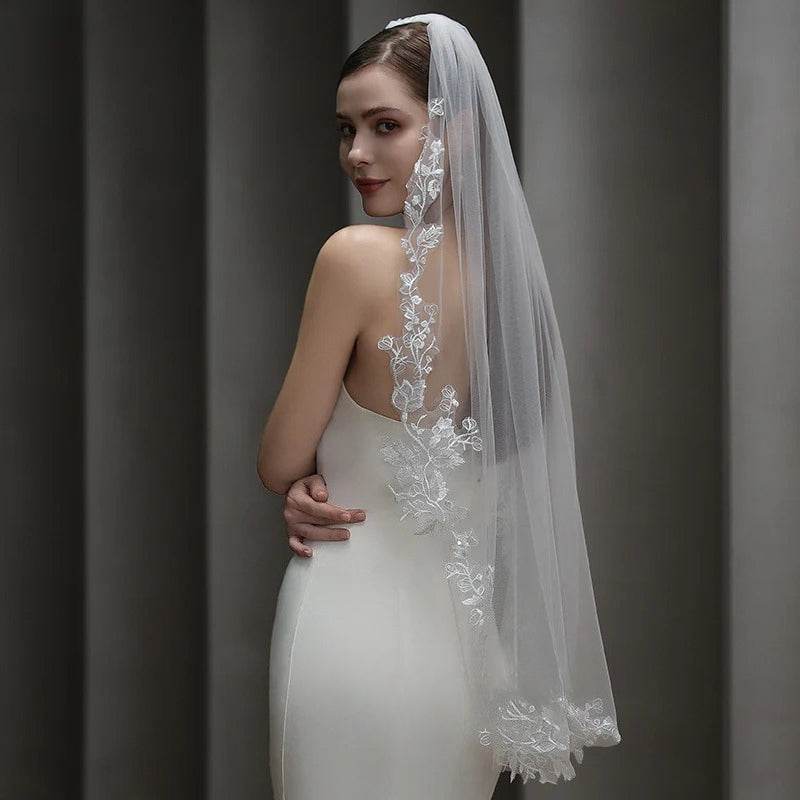 Vintage French lace bridal veil made of soft chiffon tulle, lightweight and sheer court-style wedding headpiece