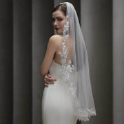 Vintage French lace bridal veil made of soft chiffon tulle, lightweight and sheer court-style wedding headpiece