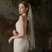 Lace flower beaded bridal veil single-layer tulle wedding headpiece with soft chiffon and delicate bridal mesh
