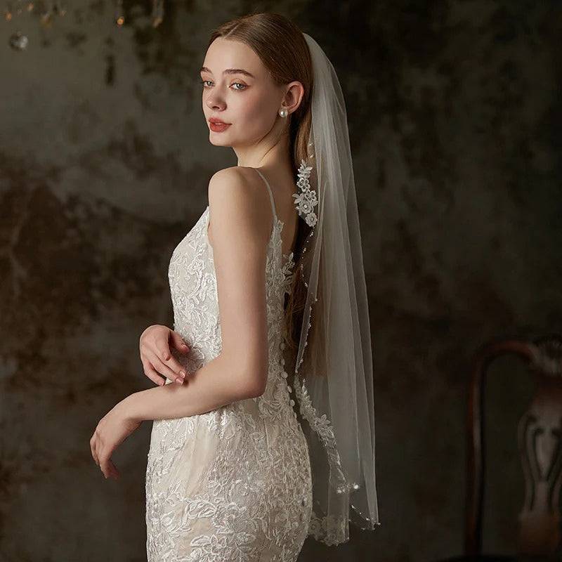 Lace flower beaded bridal veil single-layer tulle wedding headpiece with soft chiffon and delicate bridal mesh