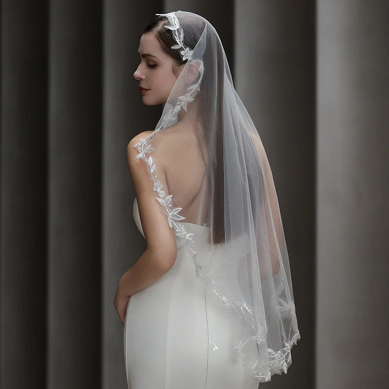 European vintage French lace bridal veil made of soft chiffon tulle, lightweight and elegant wedding headpiece