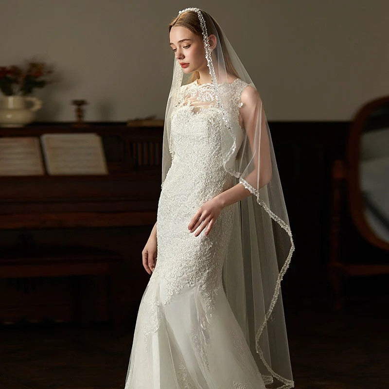 160cm single-layer beaded bridal veil with long elegant hair comb on soft chiffon tulle